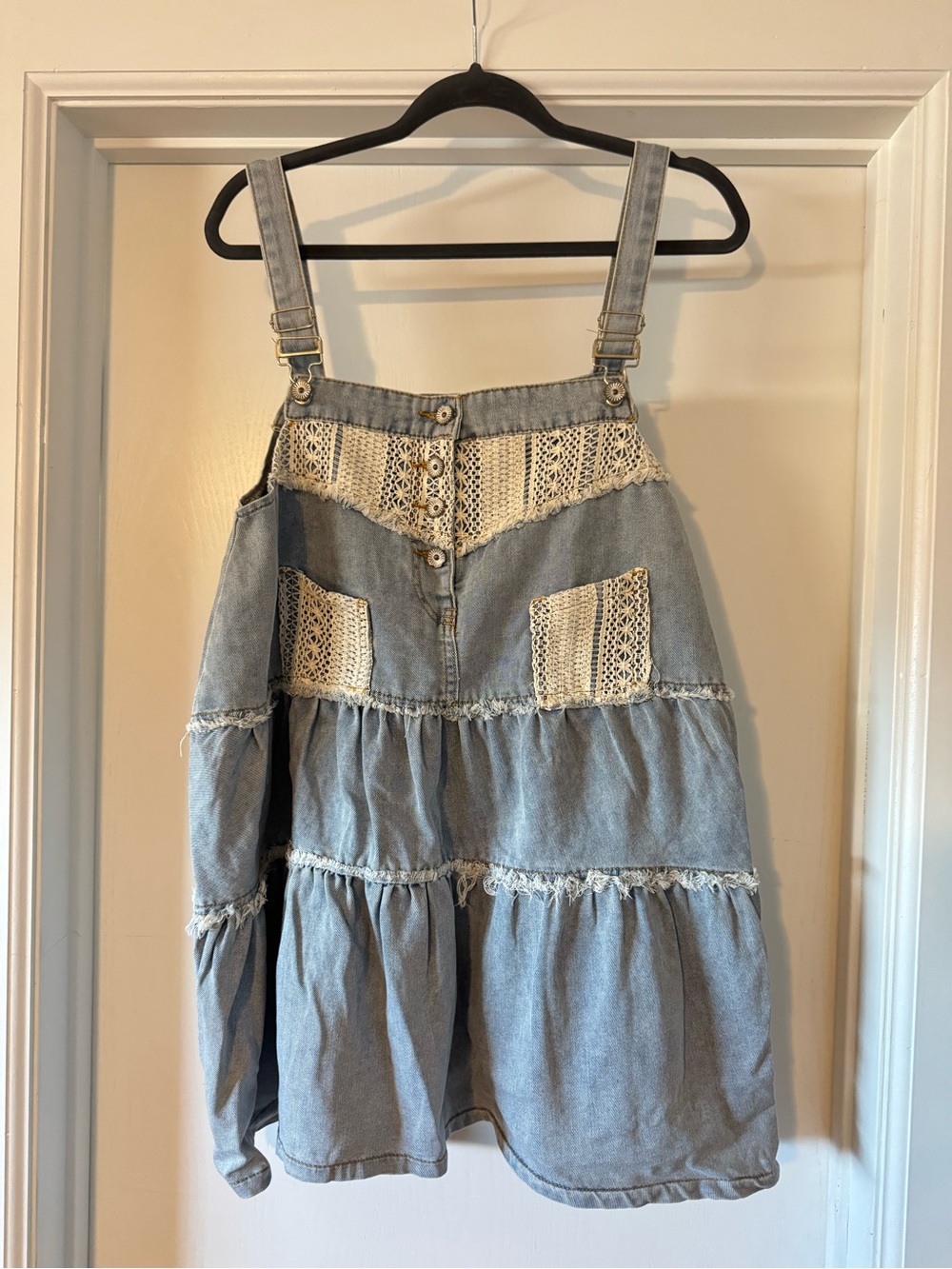POL Light Blue Denim Mini Pinafore Dress with Cream Lace
